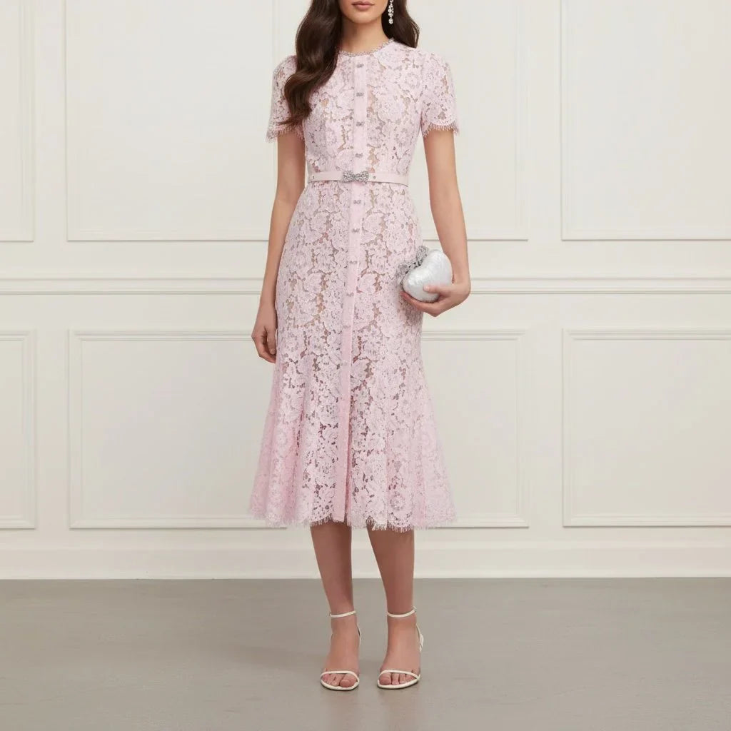 Pink Lace Belted Midi