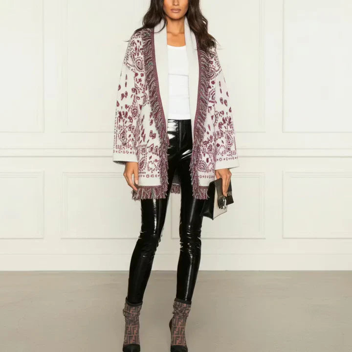 White Print Bandana Wool Cardigan