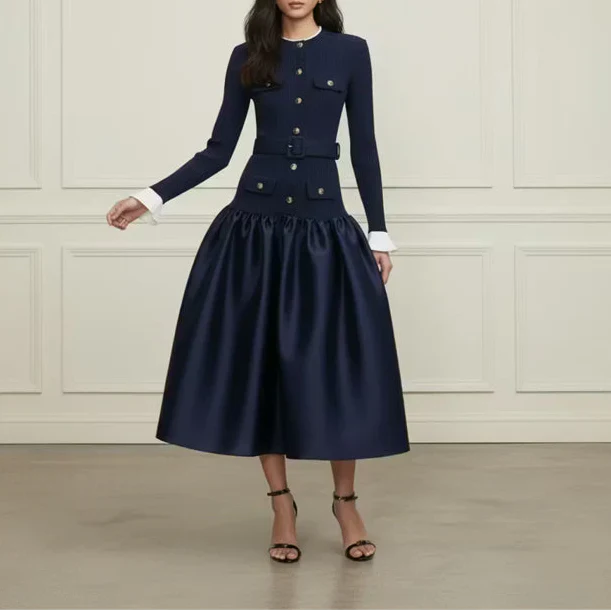 Navy Taffeta Midi